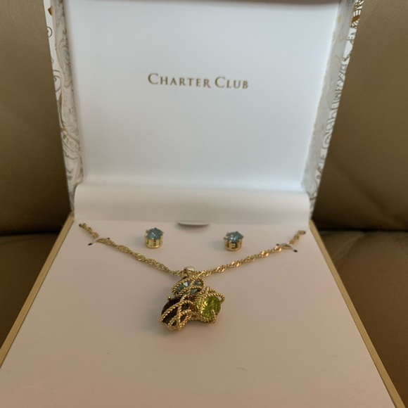 MultiStone Wrapped Pendant Necklace+ Stud Earrings - Picture 1 of 5